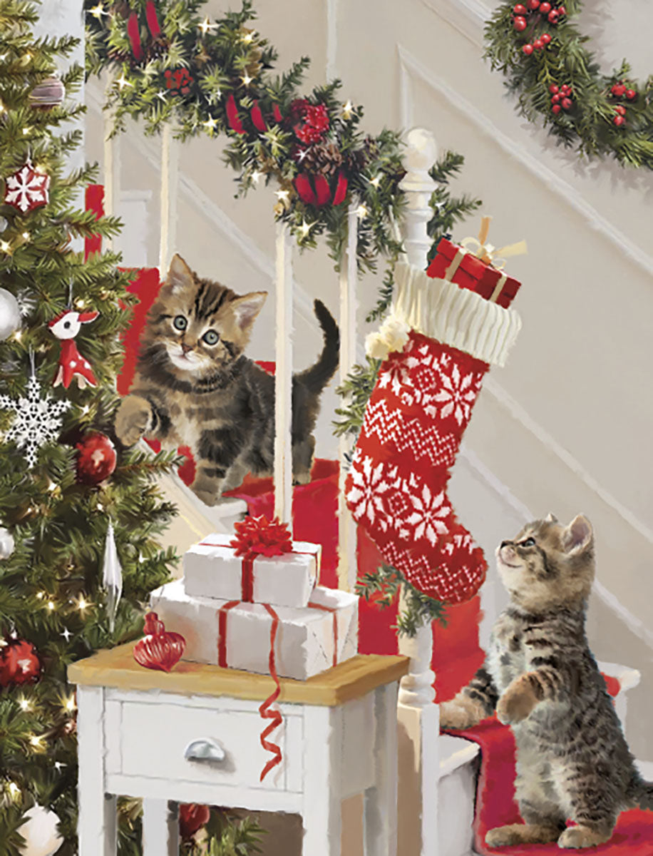 Kittens and Stocking on Staircase Christmas Boxed Notelets