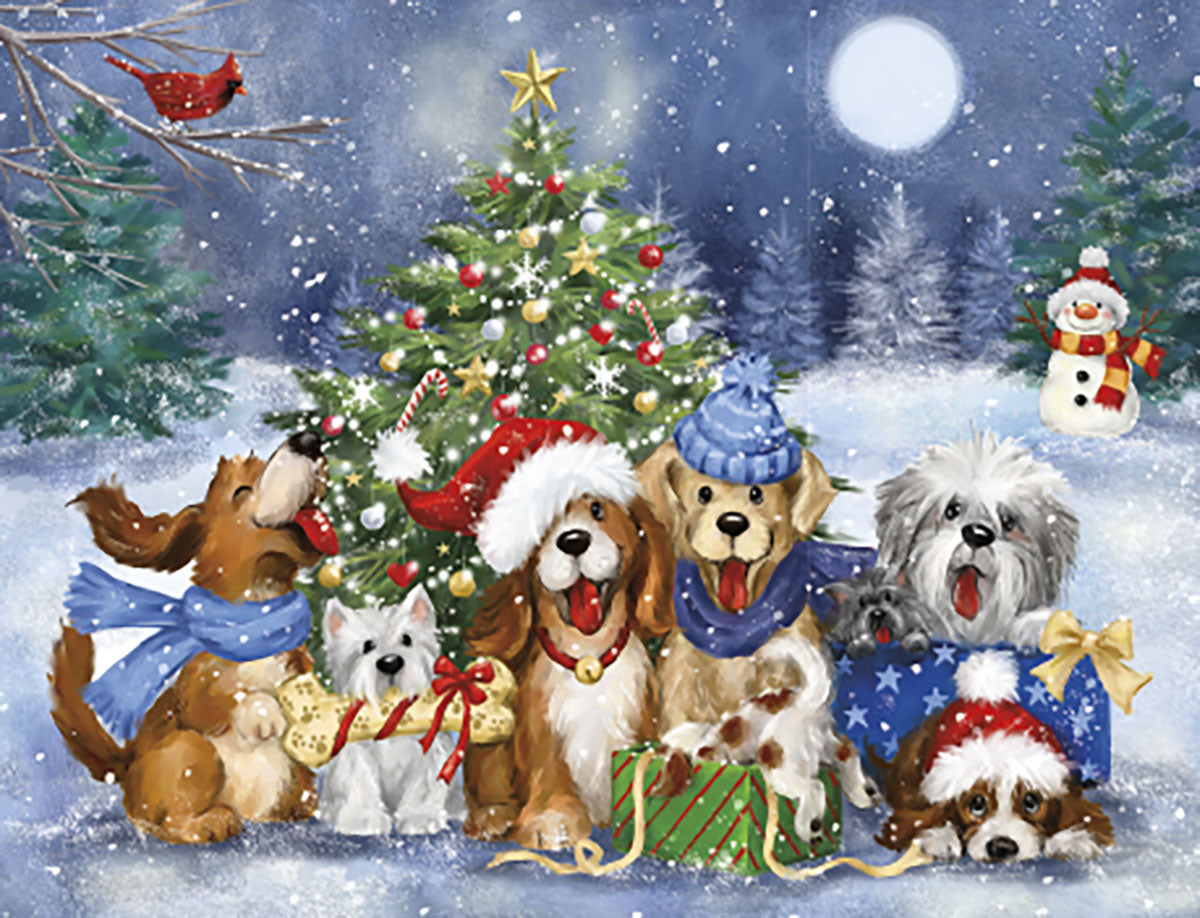 Cartoon Dogs Posing Around Tree Christmas Boxed Notelets