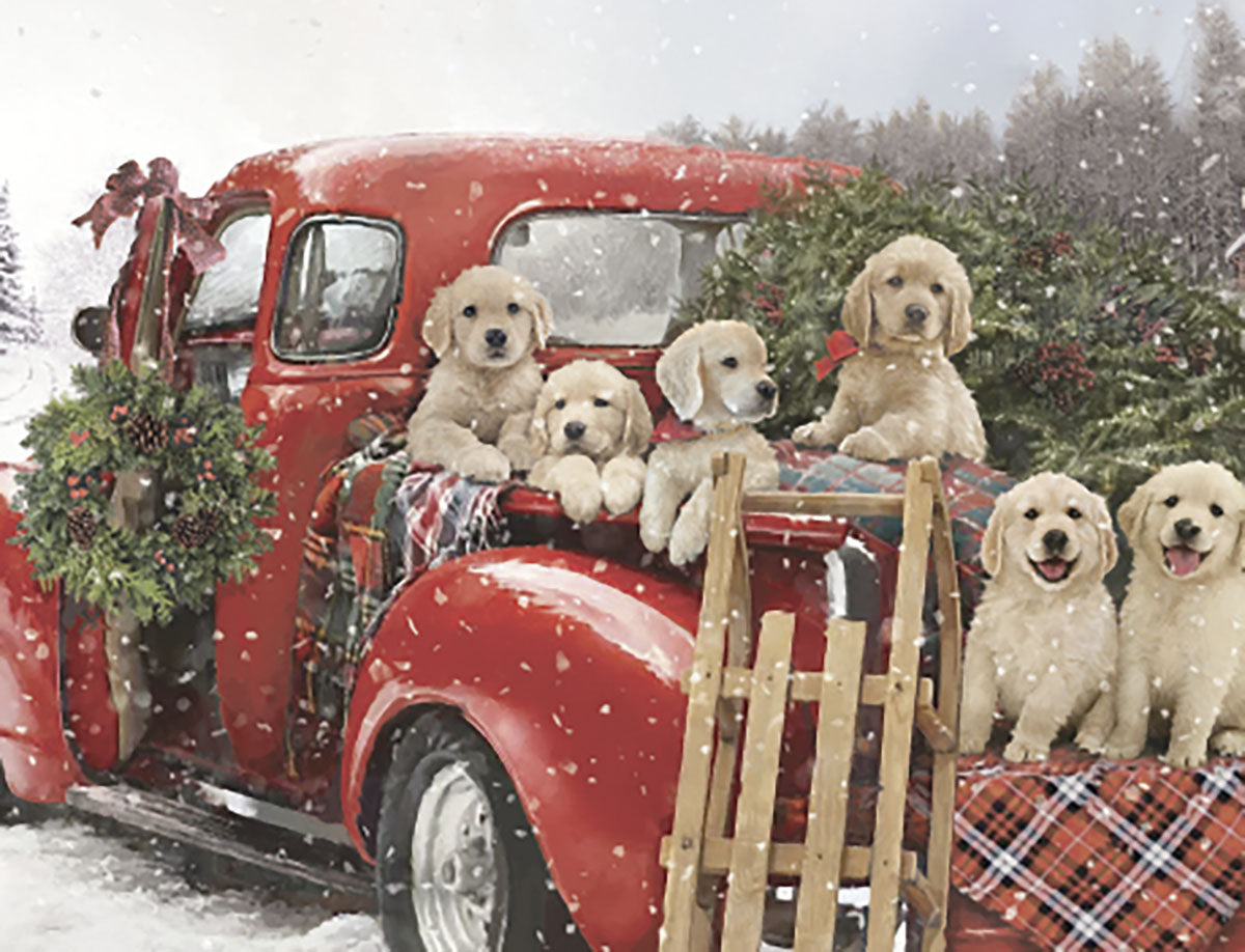 Yellow Lab Puppies in Red Truck Christmas Boxed Notelets