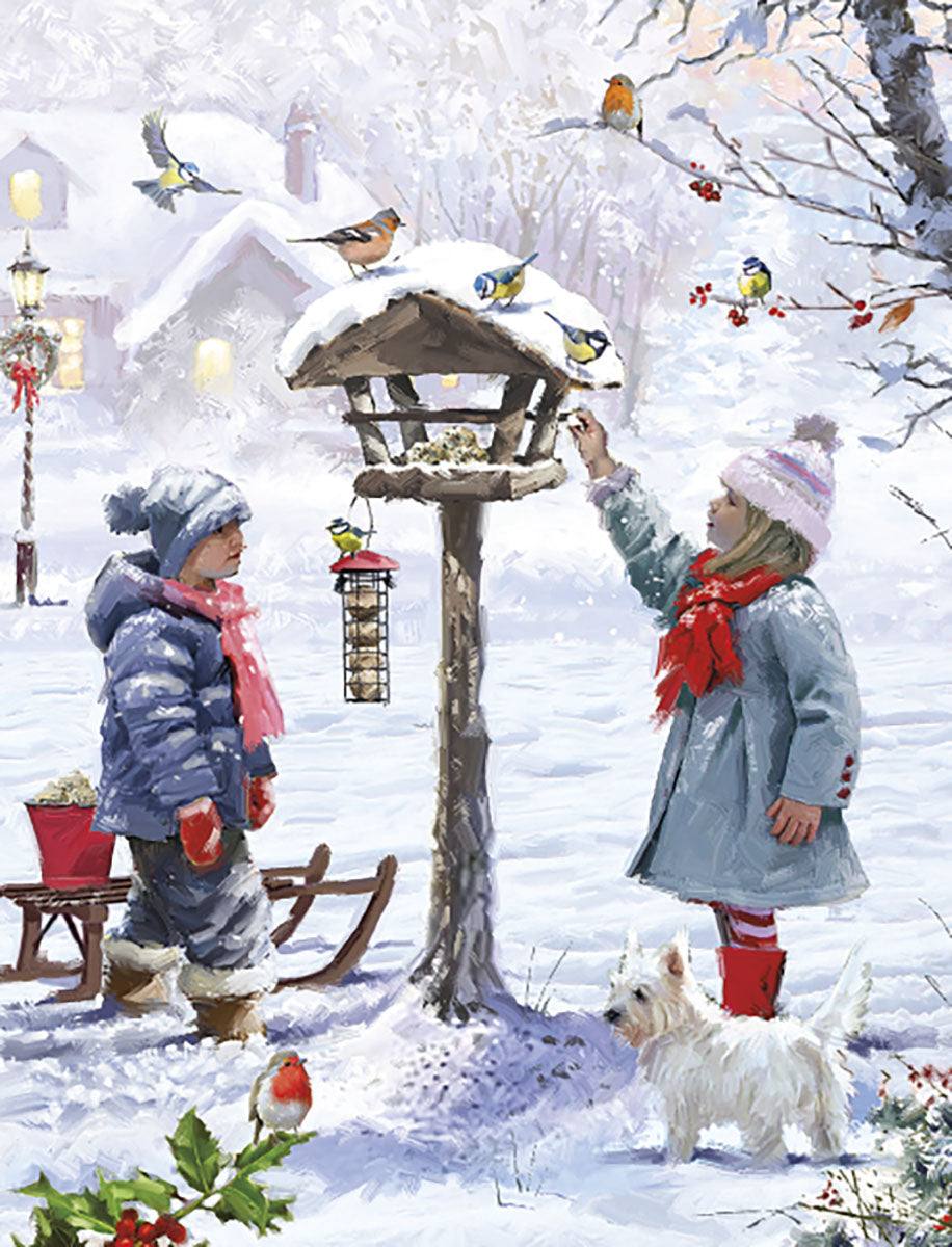 Two Kids at Bird Feeder in Snow Christmas Boxed Notelets