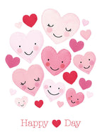 Watercolor smiling pink and red hearts greeting card front, cheerful design for special occasions, cute love illustration.