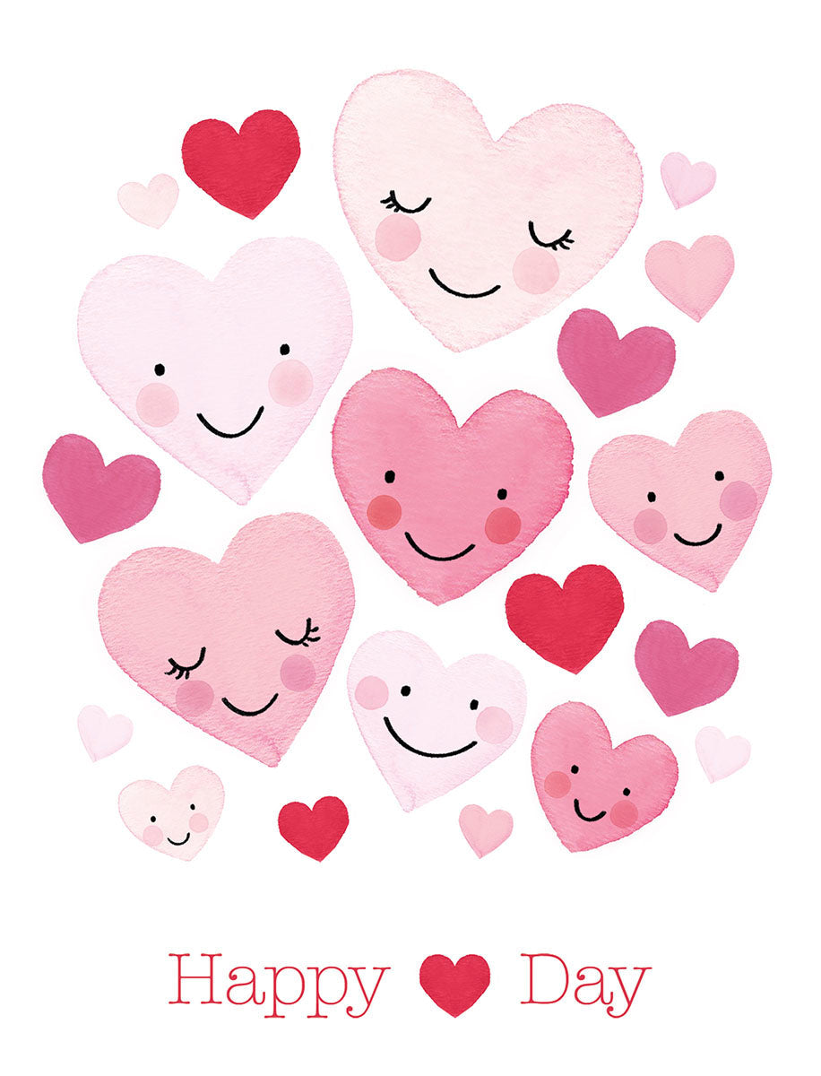 Watercolor smiling pink and red hearts greeting card front, cheerful design for special occasions, cute love illustration.