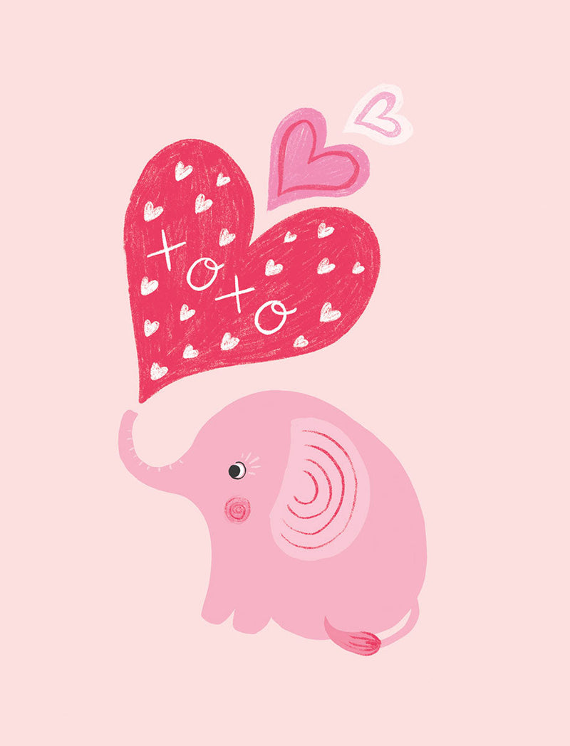 Cute pink elephant illustration blowing red and pink hearts with 'XOXO' on a light pink background, perfect for a child's love greeting card.