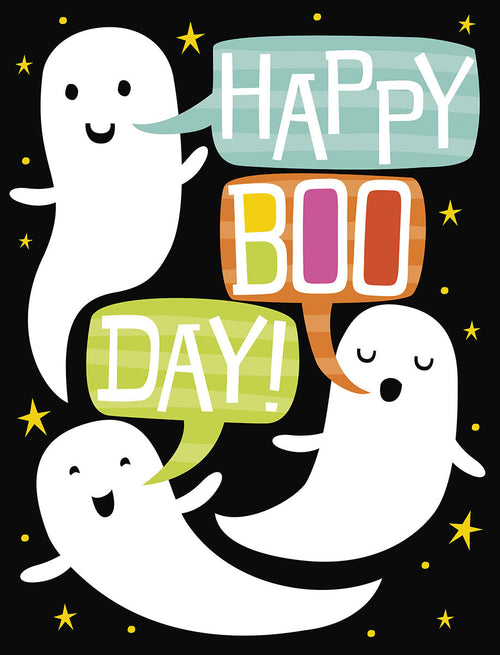 Front of a cute Halloween greeting card featuring three friendly white ghosts, yellow stars, and speech bubbles saying 'Happy Boo Day!' on a black background. Perfect for kids' spooky season wishes.