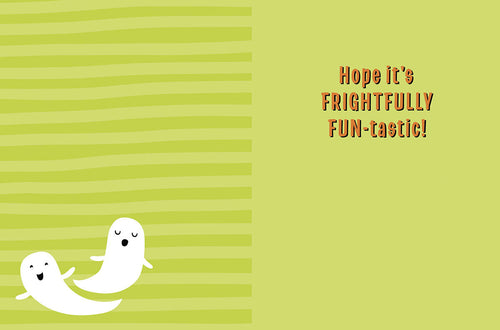 Inside of a cute Halloween greeting card showing two smiling white ghosts and the message 'Hope it's FRIGHTFULLY FUN-tastic!' on a light green striped background. Ideal for children's holiday greetings.