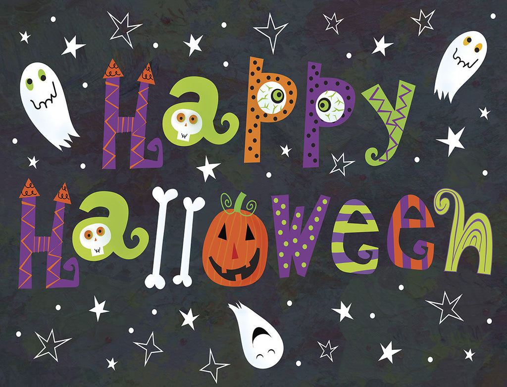 Front of a cheerful and colorful spooky greeting card set with 'Happy spooky wishes' text, playful ghosts, stars, and pumpkins, ideal for anyone.