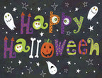 Front of a cheerful and colorful spooky greeting card set with 'Happy spooky wishes' text, playful ghosts, stars, and pumpkins, ideal for anyone.