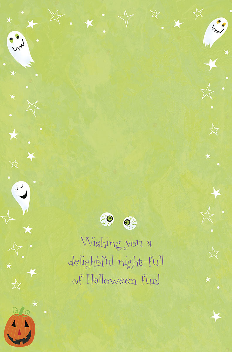 Inside of a light green spooky season greeting card showing more ghosts, stars, and a sweet message 'Wishing you a delightful night-full of spooky fun!', perfect for sending cute sentiments.