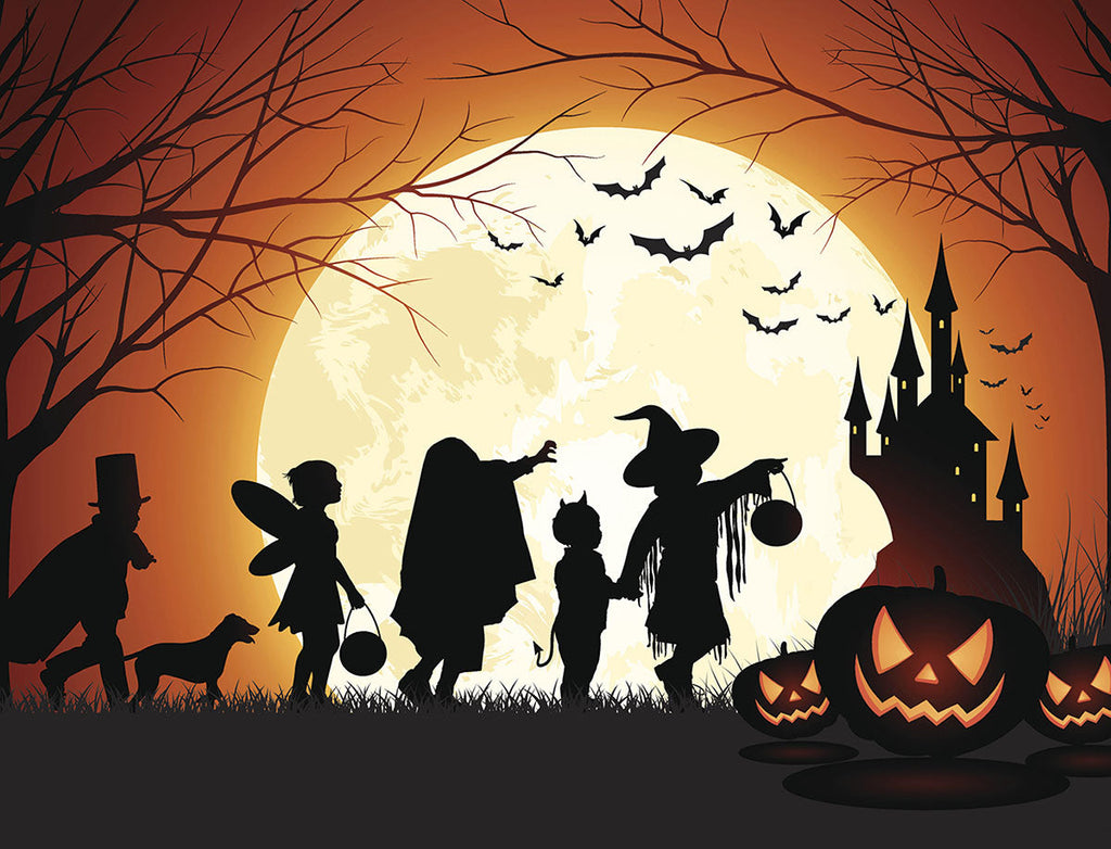 SEO-optimized alt description for a fun and spooky Halloween greeting card. Features silhouettes of children in costumes trick-or-treating near a haunted castle, jack-o-lanterns, bats, and a large full moon against an orange sky. Ideal for autumn season celebrations.