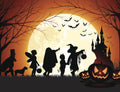 SEO-optimized alt description for a fun and spooky Halloween greeting card. Features silhouettes of children in costumes trick-or-treating near a haunted castle, jack-o-lanterns, bats, and a large full moon against an orange sky. Ideal for autumn season celebrations.