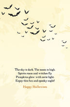 SEO-optimized alt description for the interior text of a Halloween greeting card. Displays a light-colored background with flying bat silhouettes and the poem: 'The sky is dark. The moon is high. Spirits roam and witches fly. Pumpkins glow with eerie light. Enjoy this fun and spooky night! Happy Halloween'.