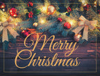 Festive greeting card set featuring pine boughs, twinkling lights, red and gold ornaments, and a 'Merry Christmas' message, ideal for holiday wishes.