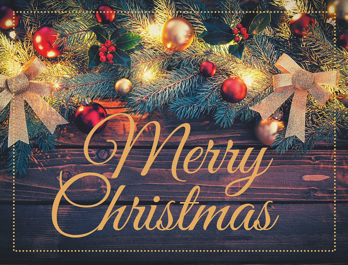 Festive greeting card set featuring pine boughs, twinkling lights, red and gold ornaments, and a 'Merry Christmas' message, ideal for holiday wishes.