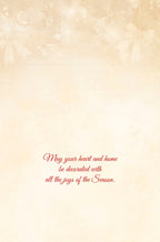 Inside of a warm, inviting holiday greeting card, with a subtle golden background showing hints of festive decorations. Red script text wishes 'May your heart and home be decorated with all the joys of the Season.'