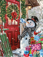 Cheerful snowman delivers gifts outside a festive red door with a holiday wreath in a snowy winter scene, perfect for season's greetings cards.