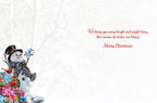 Inside view of a joyful greeting card featuring a festive snowman surrounded by presents and the warm message: 'Wishing you every bright and joyful thing this season of smiles can bring! Merry Christmas'.