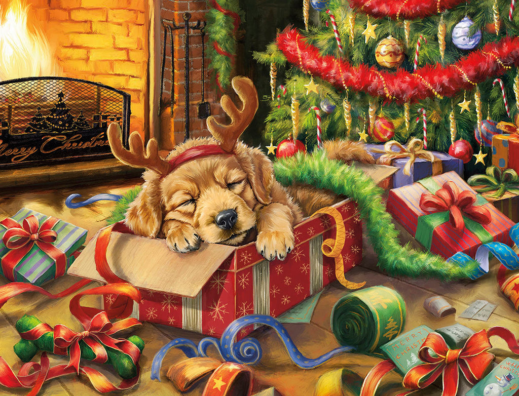 Adorable golden retriever puppy in a festive gift box, wearing reindeer antlers, sleeping by a fireplace and decorated tree. Perfect for holiday greetings.