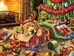 Adorable golden retriever puppy in a festive gift box, wearing reindeer antlers, sleeping by a fireplace and decorated tree. Perfect for holiday greetings.
