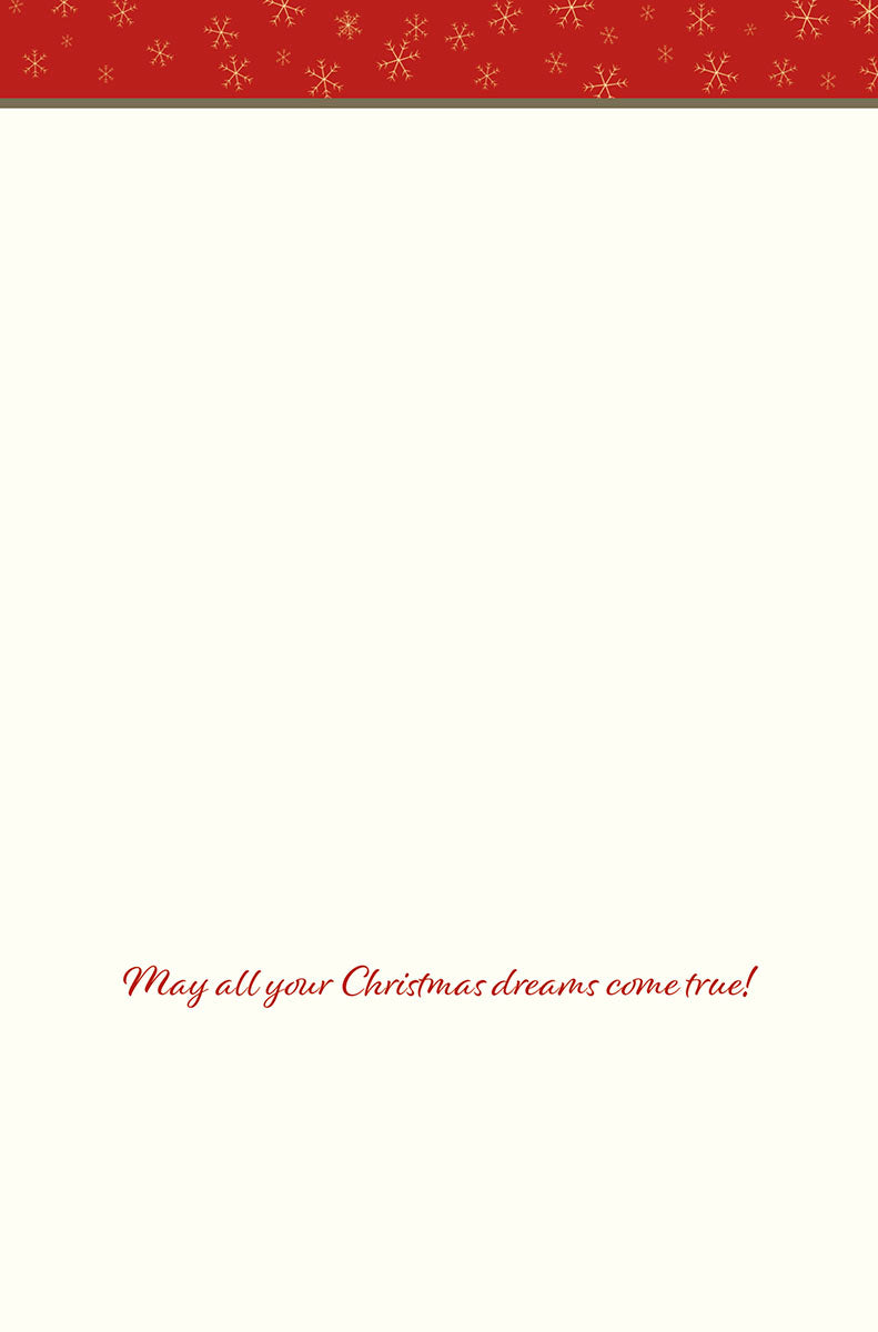 Inside of a cream-colored holiday card with red snowflake border, featuring elegant script: 'May all your Christmas dreams come true!'