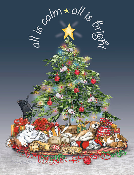 Dogs & Cats Asleep Under Xmas Tree Boxed Christmas Notelet Cards