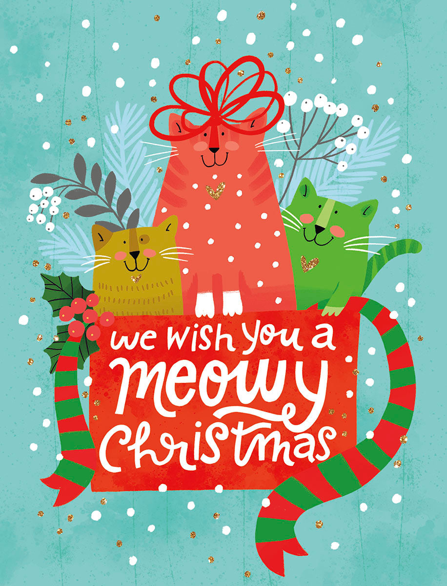Cute cat holiday card front featuring three festive cartoon cats (red, green, gold) with a 'meowy yuletide' message, snowflakes, and holly on a blue background. Perfect for sending warm season's greetings.
