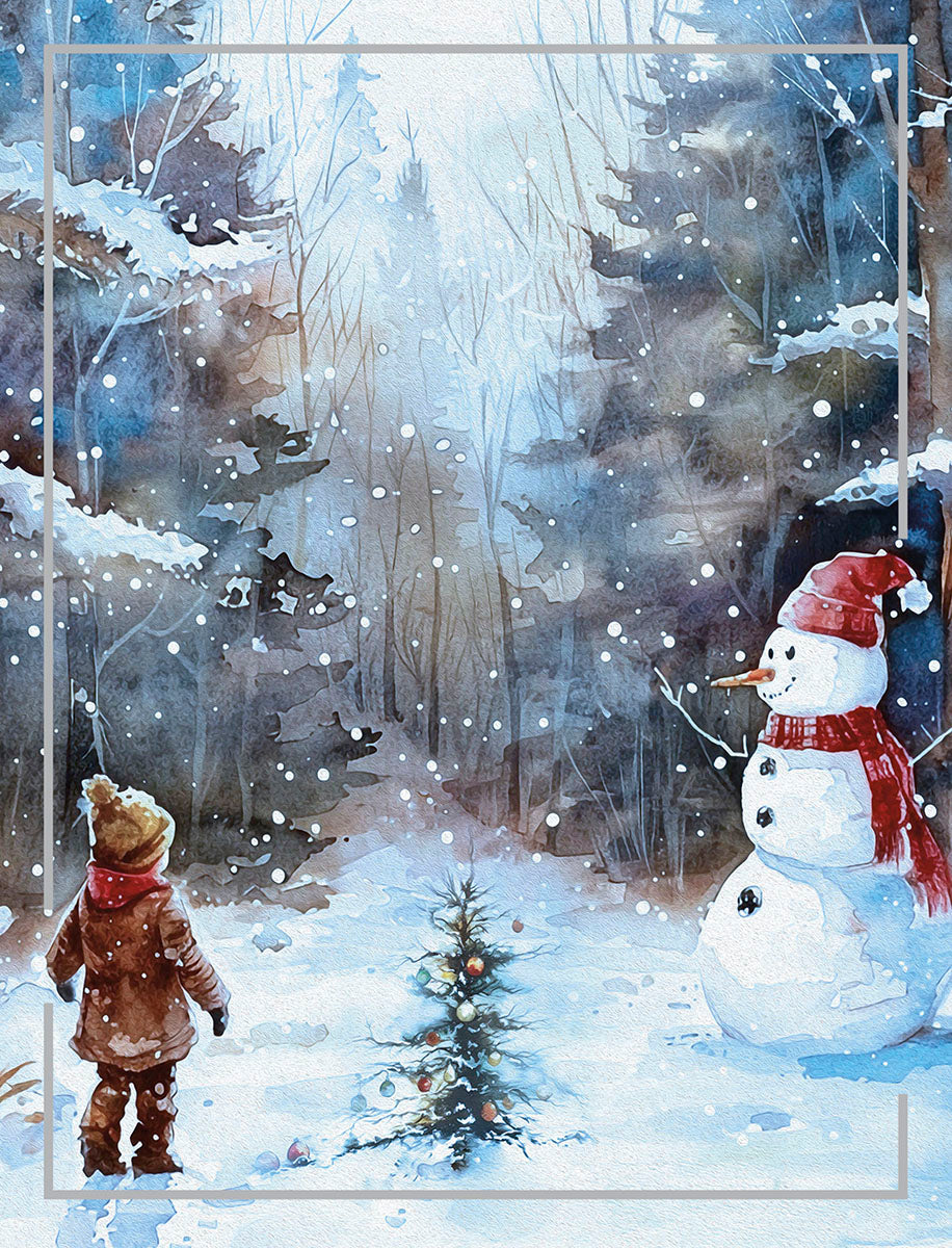 Watercolor art greeting card front featuring a child in a brown coat and hat looking at a cheerful snowman in a snowy winter forest, with a small decorated fir tree between them. Ideal for holiday wishes.