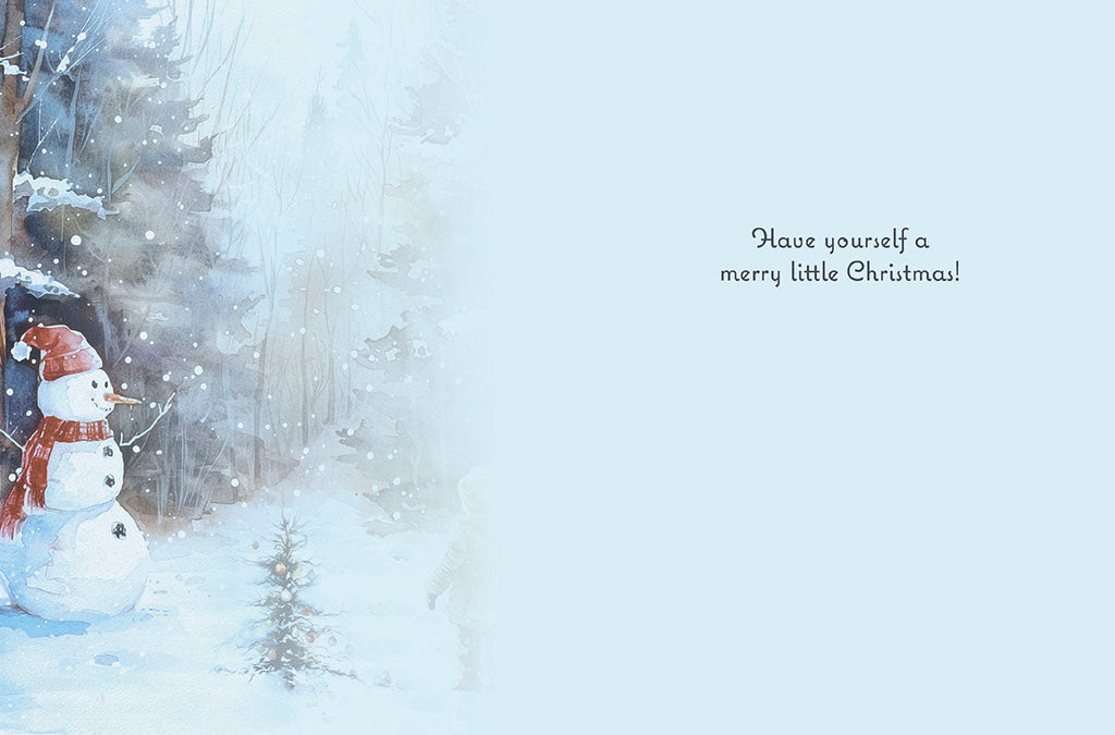 Inside of a holiday greeting card with a watercolor snowy forest scene on the left and the printed message 'Have yourself a merry little Christmas!' on a light blue background, ready for personalized wishes.