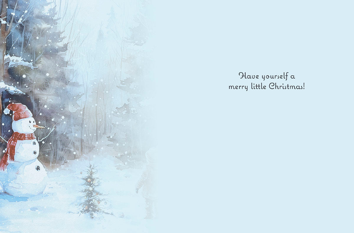Inside of a holiday greeting card with a watercolor snowy forest scene on the left and the printed message 'Have yourself a merry little Christmas!' on a light blue background, ready for personalized wishes.
