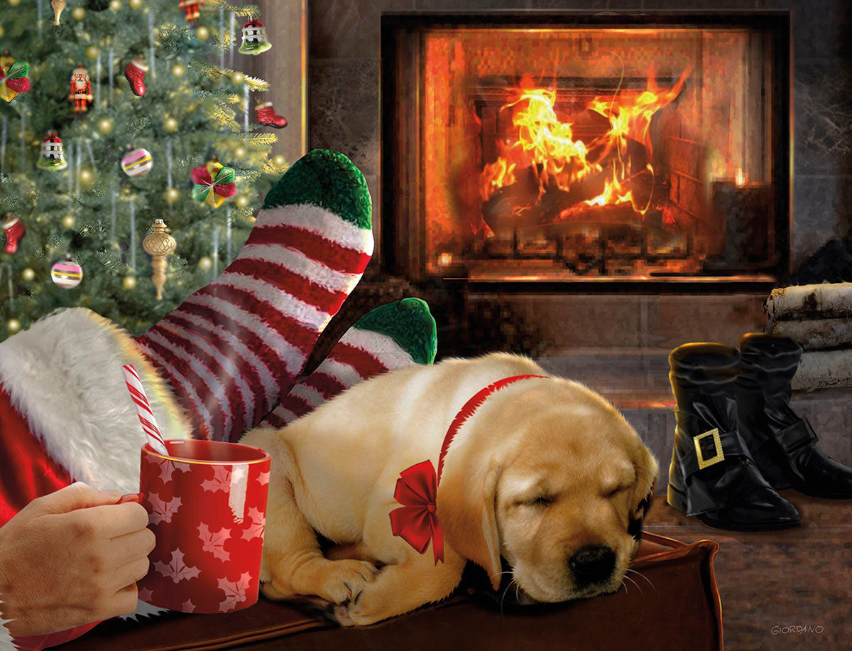 Golden retriever puppy napping peacefully by a warm fireplace and decorated holiday tree, a festive scene for a greeting card.