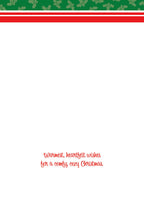 Inside of a holiday greeting card with text: 'Warmest, heartfelt wishes for a comfy, cozy Christmas.' surrounded by white space and a top border of red and green holly.