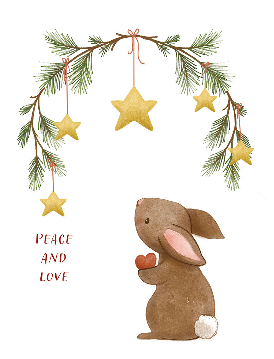 Front of a heartfelt holiday greeting card featuring a cute brown bunny holding a red heart, beneath a festive evergreen garland adorned with golden stars and the text 'PEACE AND LOVE'.