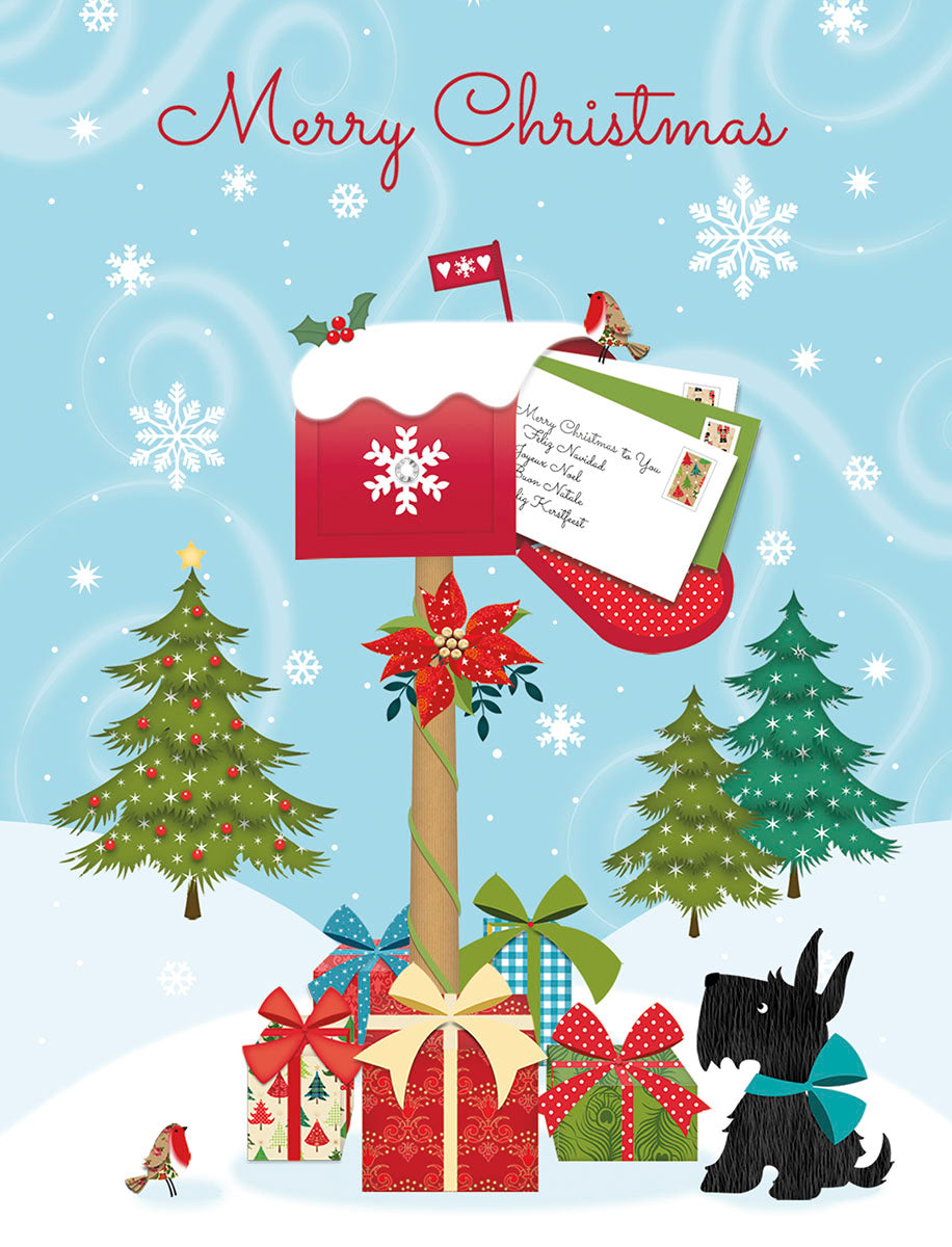 Front of a festive holiday greeting card set, showcasing a red mailbox full of cards, a cute black Scottie dog with a blue bow, and neatly wrapped presents in a snowy winter scene with evergreen trees and snowflakes. Ideal for sending season's greetings.