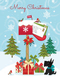 Front of a festive holiday greeting card set, showcasing a red mailbox full of cards, a cute black Scottie dog with a blue bow, and neatly wrapped presents in a snowy winter scene with evergreen trees and snowflakes. Ideal for sending season's greetings.