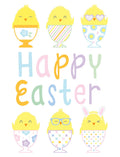 Vibrant collection of six adorable cartoon yellow chicks in patterned egg cups, featuring designs like flowers, stripes, and polka dots. Some chicks wear heart glasses or bunny ears, all set against a white background with 'Happy Easter' in pastel colors. Perfect cute spring holiday greeting card design.
