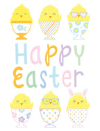 Vibrant collection of six adorable cartoon yellow chicks in patterned egg cups, featuring designs like flowers, stripes, and polka dots. Some chicks wear heart glasses or bunny ears, all set against a white background with 'Happy Easter' in pastel colors. Perfect cute spring holiday greeting card design.