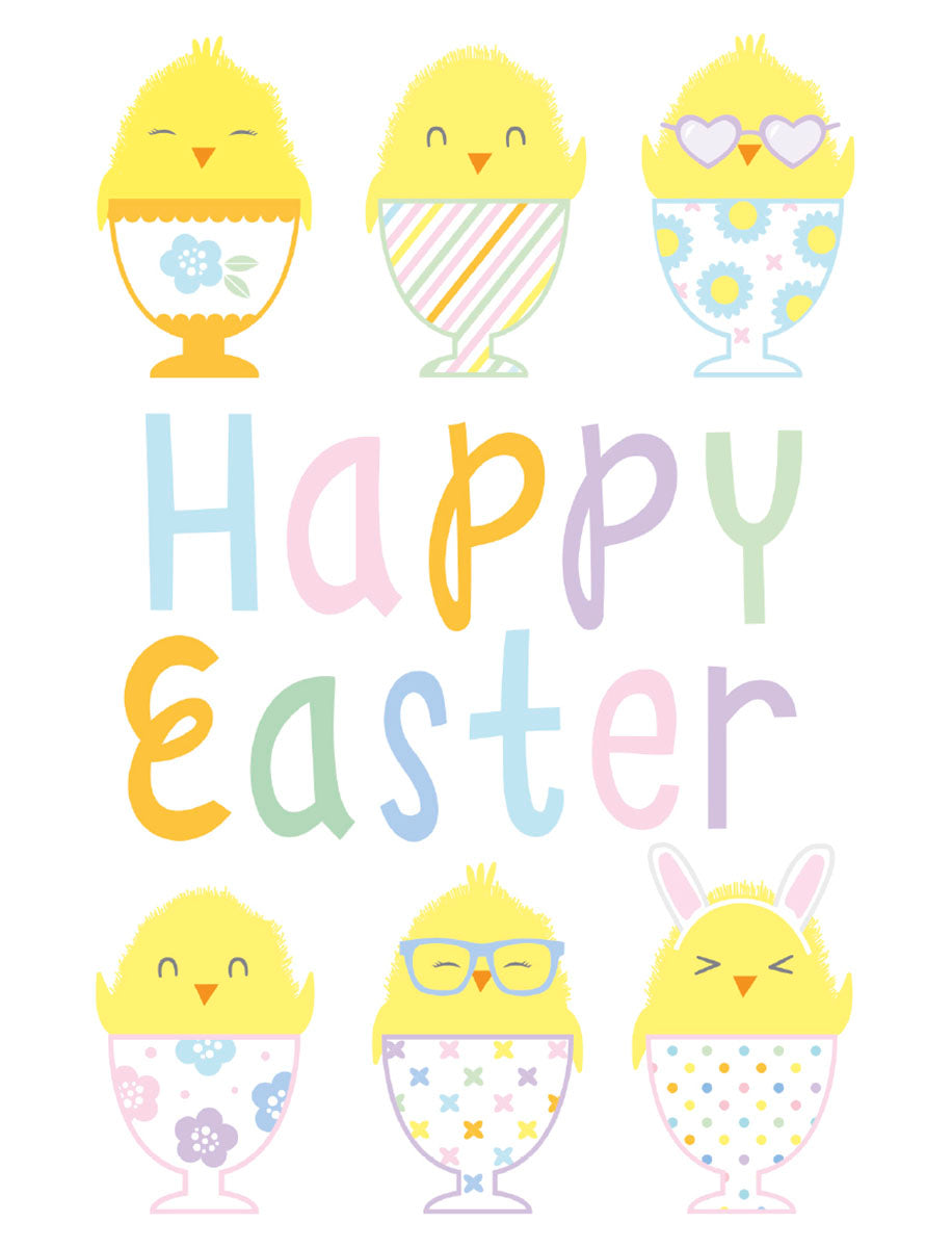 Vibrant collection of six adorable cartoon yellow chicks in patterned egg cups, featuring designs like flowers, stripes, and polka dots. Some chicks wear heart glasses or bunny ears, all set against a white background with 'Happy Easter' in pastel colors. Perfect cute spring holiday greeting card design.