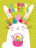 Front of a cute Easter greeting card featuring a cheerful white bunny with a flower crown, holding a basket of colorful eggs, set against a vibrant green polka dot background. Text reads 'Happy Easter!' in playful, colorful letters. Ideal for children's spring cards.