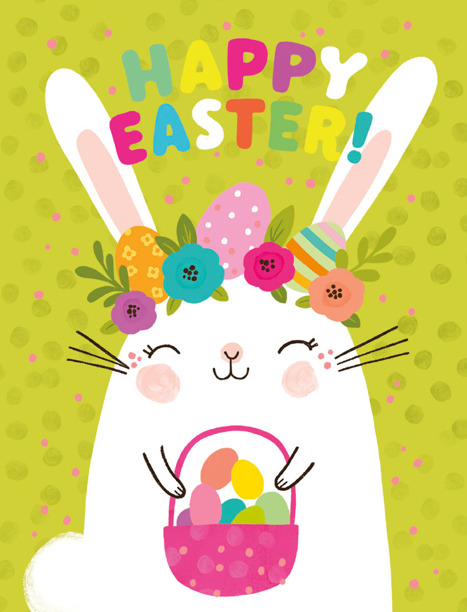 Front of a cute Easter greeting card featuring a cheerful white bunny with a flower crown, holding a basket of colorful eggs, set against a vibrant green polka dot background. Text reads 'Happy Easter!' in playful, colorful letters. Ideal for children's spring cards.
