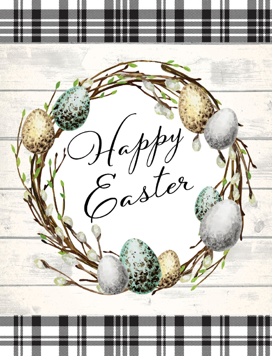 Watercolor Easter wreath greeting card front with speckled eggs, pussy willow branches, and 'Happy Easter' script on a white wood plank and black buffalo plaid background.