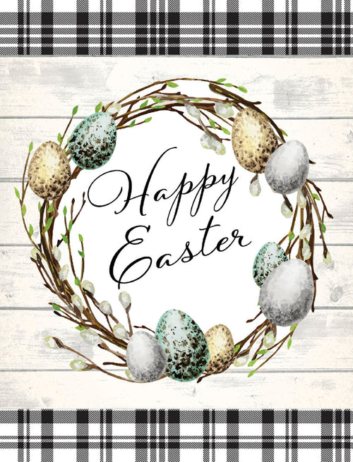 Watercolor spring wreath greeting card featuring speckled eggs, pussy willow branches, and 'Happy Easter' text on rustic white wood and plaid background.