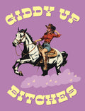 Sassy vintage cowgirl on a white horse with 'Giddy Up Bitches' text, on a purple background for a fun celebration card.