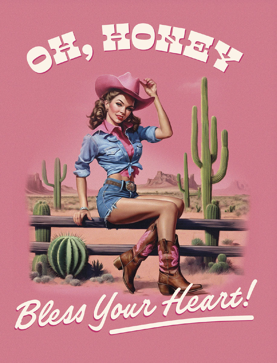 Sassy pin-up cowgirl greeting card for her, featuring a desert landscape, cacti, and the phrase 'OH, HONEY BLESS YOUR HEART!' on a vibrant pink background. Perfect for a dear friend.