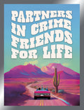 Sassy birthday greeting card for a friend, featuring a vibrant illustration of a pink convertible driving into a sunset-hued desert landscape with mountains and a saguaro cactus, beneath wavy white text that reads 'PARTNERS IN CRIME FRIENDS FOR LIFE'.