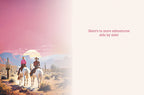 Inside of a romantic birthday card with a desert sunset landscape on the left and a blank space on the right, featuring the printed message 'Here's to more adventures side by side!'.