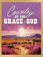 Religious country themed birthday greeting card featuring a vibrant desert sunset, golden stars, and 'Country By The Grace Of God' text, framed in gold.