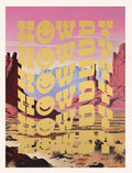 Greeting card featuring 'HOWDY' in yellow text with smiling faces, repeated and stacked over a desert landscape with red rock formations and a pink and purple sky, conveying a playful and warm welcome.
