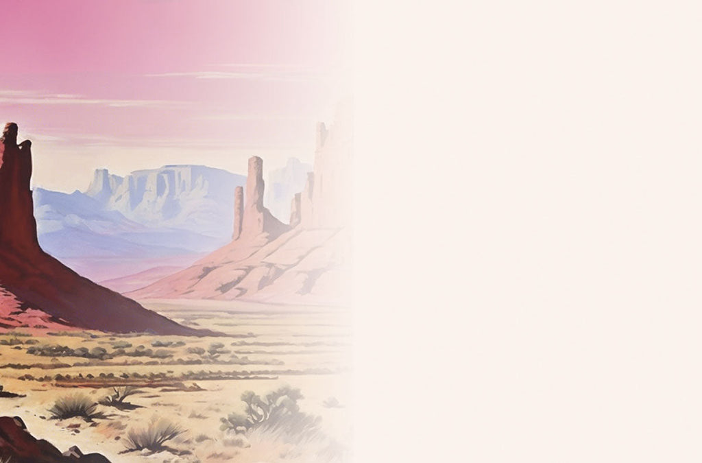 Inside of a greeting card with a fading desert landscape on the left, showing red rock formations and a pink sky, providing ample white space on the right for a personalized message.