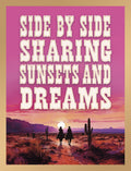 Romantic anniversary card with two figures on horseback silhouetted against a vibrant pink and orange desert sunset, featuring saguaro cacti and the text 'SIDE BY SIDE SHARING SUNSETS AND DREAMS'.