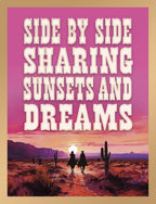 Romantic anniversary card with two figures on horseback silhouetted against a vibrant pink and orange desert sunset, featuring saguaro cacti and the text 'SIDE BY SIDE SHARING SUNSETS AND DREAMS'.