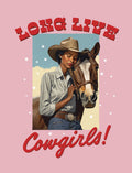 Greeting card featuring a strong Black cowgirl in a hat embracing her horse, with text 'LONG LIVE Cowgirls!' on a pink background with stars. Perfect for a special her.